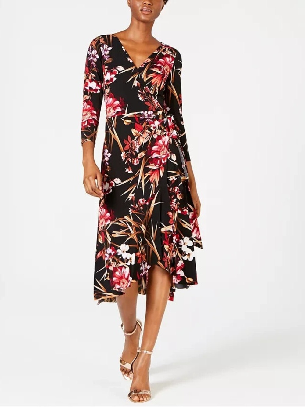 🩷 Connected Apparel Floral Black and Red Maxi Wrap Dress Stretchy Elegant